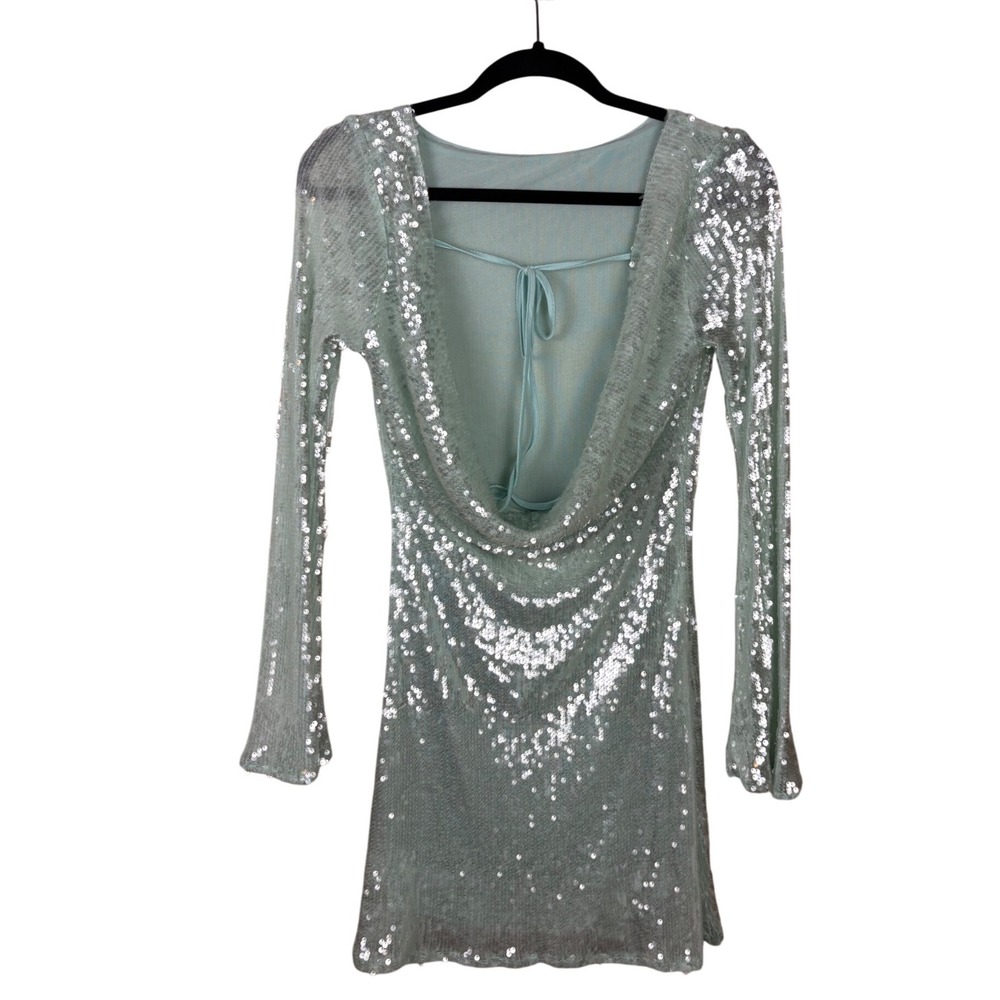 Rare London Mint Green Sequin Cowl Back Bell Sleeve Mini Dress Size Small US 4 - Picture 7 of 8